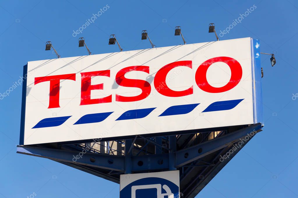 TABOR, CZECH REPUBLIC - FEBRUARY 6 2018: Tesco company logo on the supermarket building on February 6, 2018 in Tabor, Czech Republic.