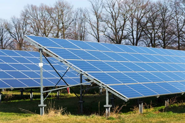 Paneles Solares Azules Granja Central Fotovoltaica Con Árboles Fondo Concepto — Foto de Stock