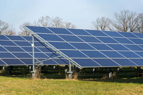 Paneles Solares Azules Granja Central Fotovoltaica Con Árboles Fondo Concepto —  Fotos de Stock