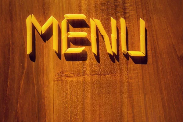 Menü Levelei Penne Tészta Fából Készült Asztal Főzés Étterem Koncepció — Stock Fotó