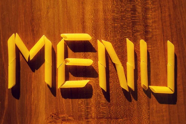 Menü Levelei Penne Tészta Fából Készült Asztal Főzés Étterem Koncepció — Stock Fotó