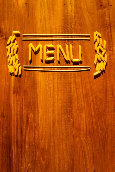 Menü Betűkkel Penne Makaróni Tészta Fából Készült Asztal Főzés Étterem — Stock Fotó