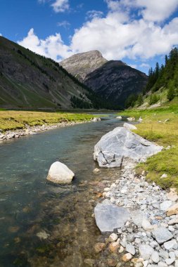 Spol Gölü Livigno boynuz Brusadella dağ ile arka planda, İtalya, güneşli yaz günü akan nehir