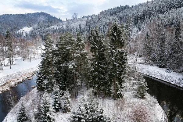 Schöne Verschneite Winterwaldlandschaft Tepla Fluss Unter Brezova Damm Karlsbad Variieren — Stockfoto