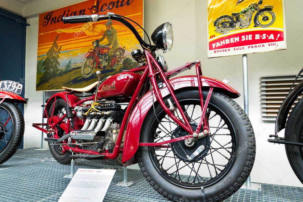 PRAGUE, CZECH REPUBLIC - MARCH 8 2018: American motorcycle Indian Four from year 1931 stands on March 8, 2018 in Prague, Czech Republic.