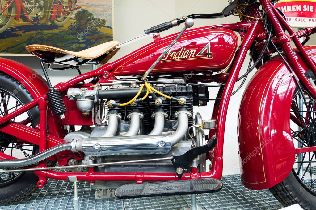 PRAGUE, CZECH REPUBLIC - MARCH 8 2018: American motorcycle Indian Four from year 1931 stands on March 8, 2018 in Prague, Czech Republic.