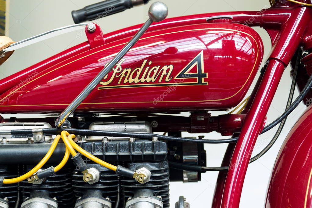 PRAGUE, CZECH REPUBLIC - MARCH 8 2018: American motorcycle Indian Four from year 1931 stands on March 8, 2018 in Prague, Czech Republic.