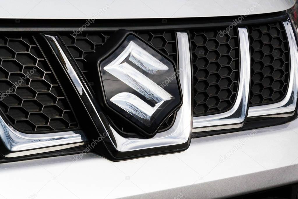 PRAGUE, CZECH REPUBLIC - MARCH 9 2018: Suzuki Motor corporation logo on Suzuki Vitara car on March 9, 2018 in Prague, Czech Republic.