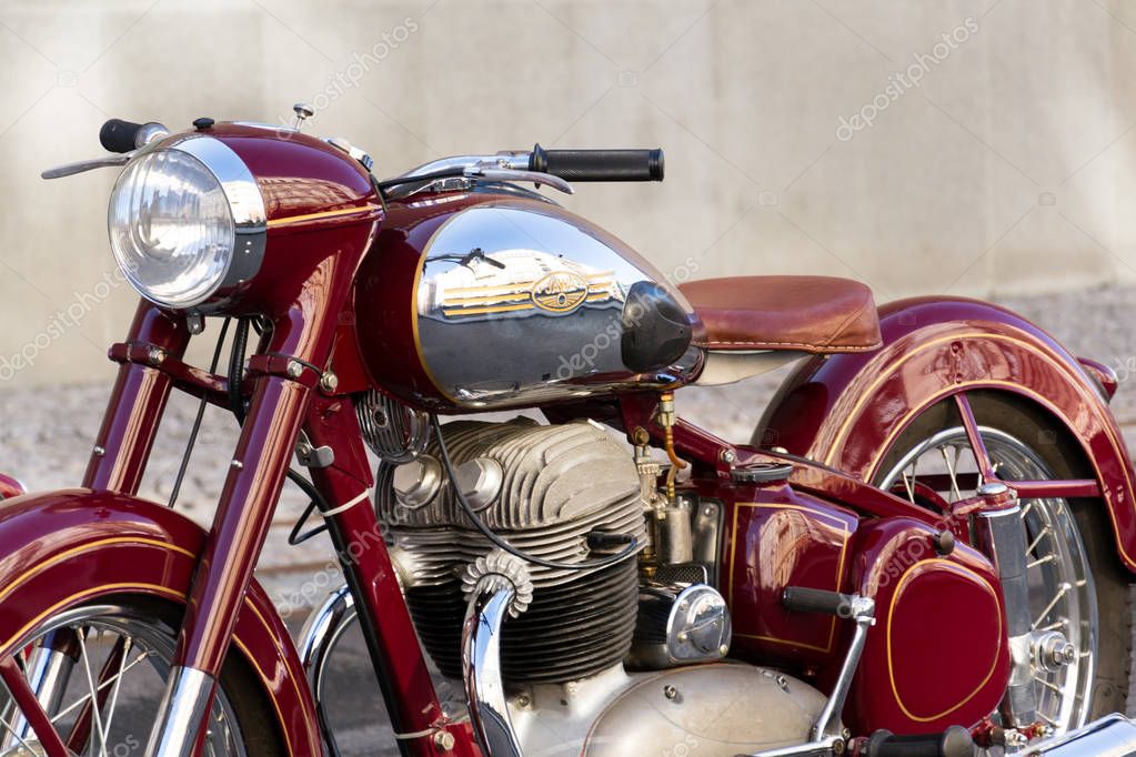 PRAGUE, CZECH REPUBLIC - MARCH 8 2018: Czech motorcycle Jawa 500 OHC from years 1952-1958 stands on road on March 8, 2018 in Prague, Czech Republic.