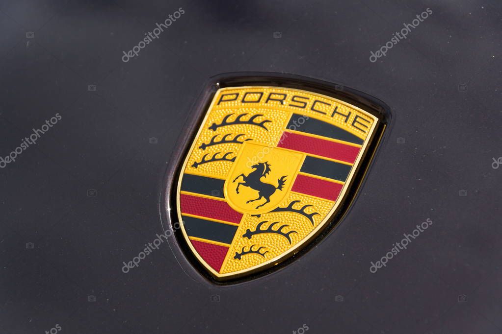 PRAGUE, CZECH REPUBLIC - MARCH 29 2018: Porsche automotive company logo on car bonnet on on March 29, 2018 in Prague, Czech Republic. Porsche Passport, luxury cars subscription service is attracting younger drivers to the company.