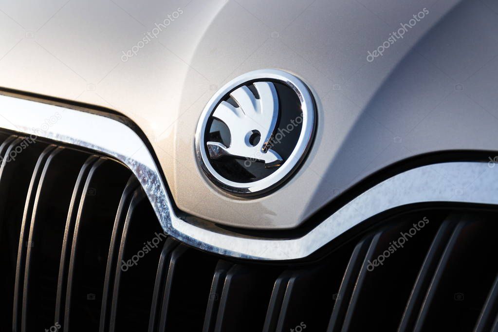 PRAGUE, CZECH REPUBLIC - MARCH 25 2018: Skoda Auto automobile manufacturer from Volkswagen Group company logo on new silver car on March 25, 2018 in Prague, Czech Republic.
