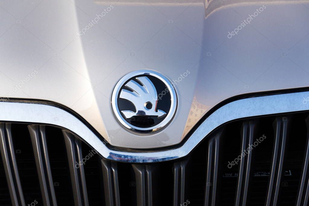 PRAGUE, CZECH REPUBLIC - MARCH 25 2018: Skoda Auto automobile manufacturer from Volkswagen Group company logo on new silver car on March 25, 2018 in Prague, Czech Republic.