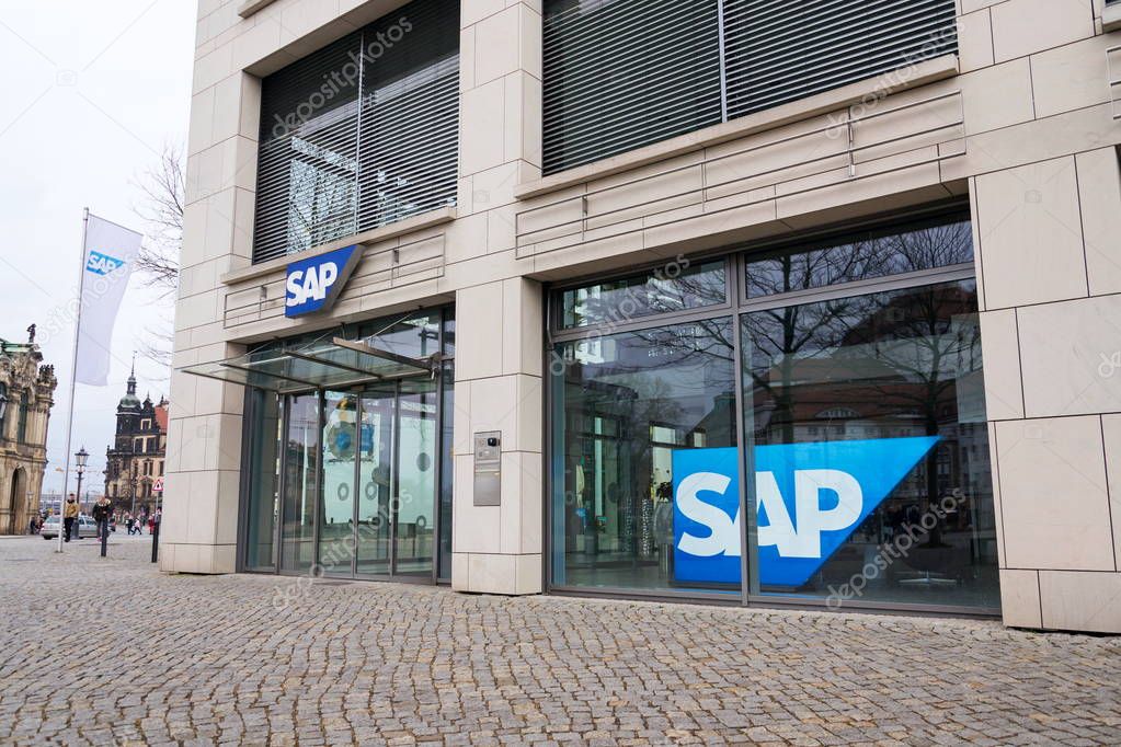 DRESDEN, GERMANY - APRIL 1 2018: SAP multinational software corporation logo on headquarters building on April 1, 2018 in Dresden, Germany.