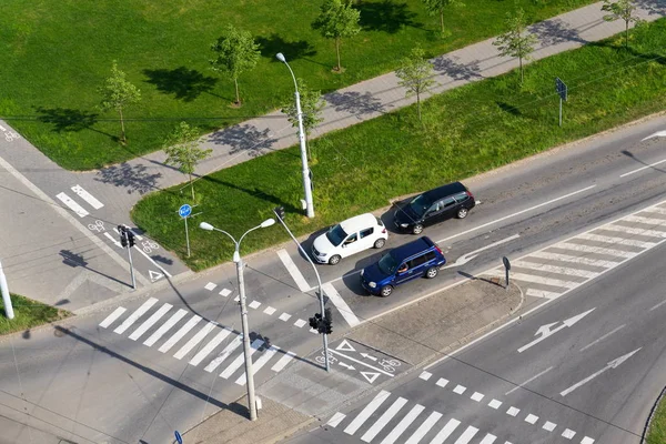 Aerial View Cars Waiting Front Crosswalk Bike Crossing Line Crossroad — Stock Photo, Image