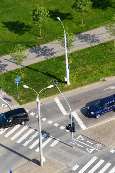 Veduta Aerea Automobili Incrocio Crocevia Con Attraversamento Della Linea Attraversamento — Foto Stock