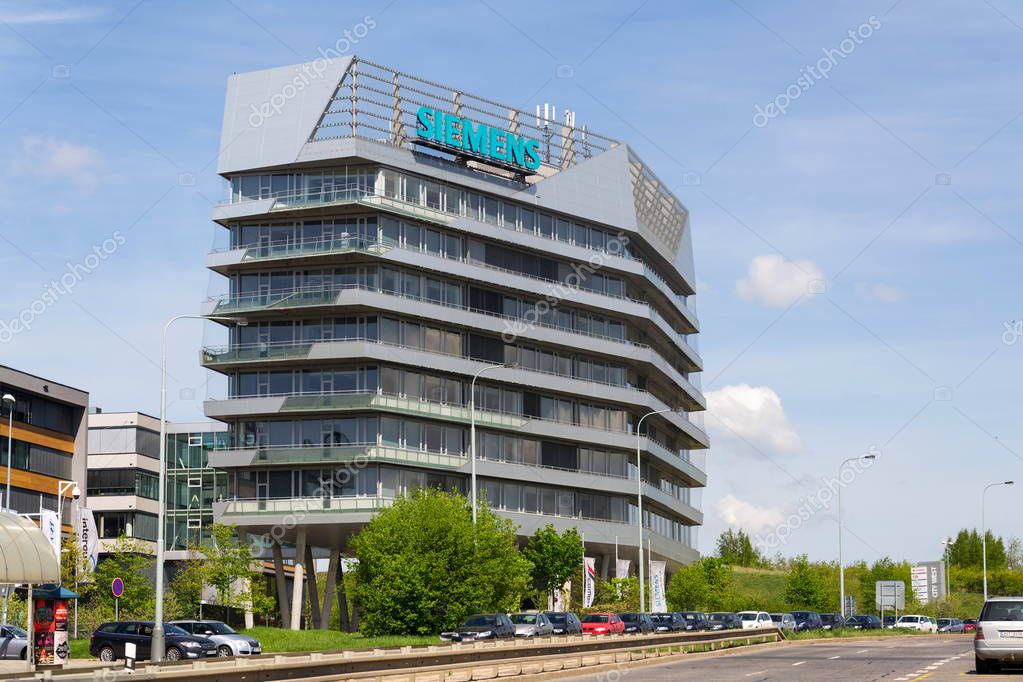 PRAGUE, CZECH REPUBLIC - APRIL 27 2018: Siemens company logo on Czech headquarters building on April 27, 2018 in Prague, Czech Republic.