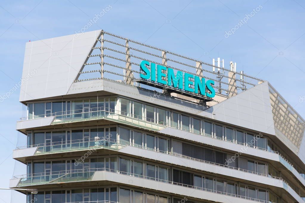 PRAGUE, CZECH REPUBLIC - APRIL 27 2018: Siemens company logo on Czech headquarters building on April 27, 2018 in Prague, Czech Republic.