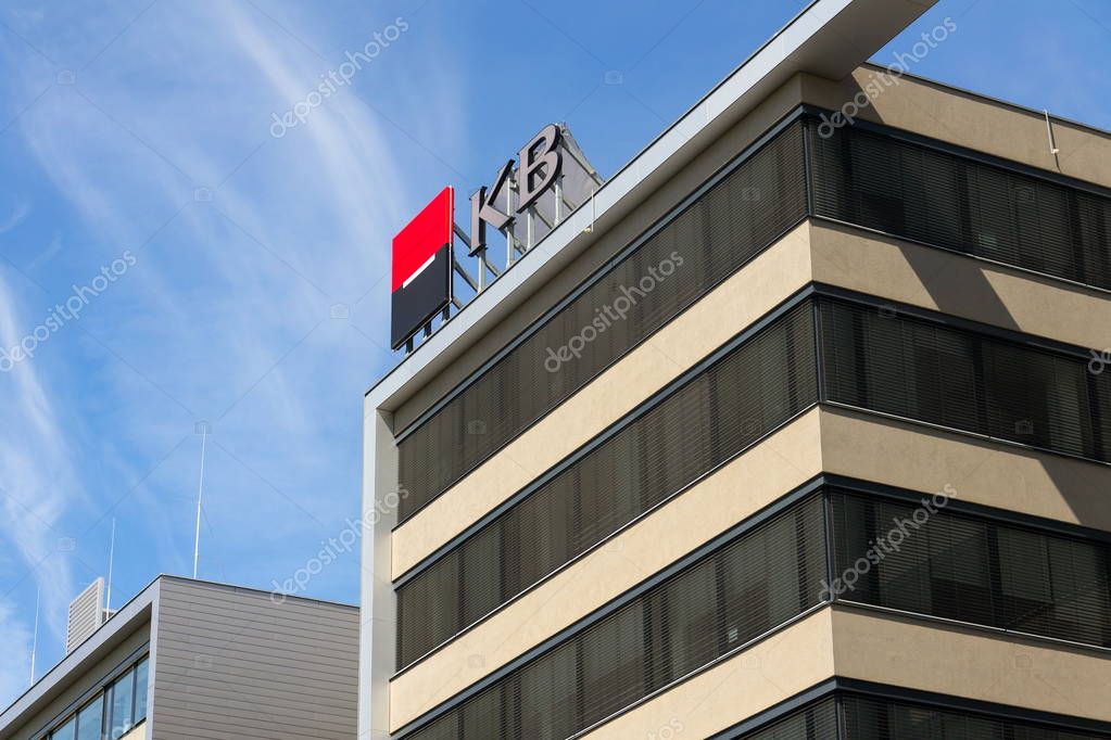 PRAGUE, CZECH REPUBLIC - APRIL 27 2018: Societe Generale banking and financial company member KB Komercni banka logo on Czech headquarters building on April 27, 2018 in Prague, Czech Republic.