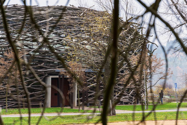 OLBRAMOVICE, CZECH REPUBLIC - NOVEMBER 23 2019: Storks Nest riding arena covered with wood resembling a giant birds nest on November 23, 2019 in Olbramovice, Czech Republic.