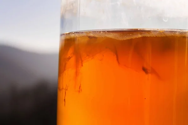 Kombucha Naturalna Sfermentowana Herbata Szklanym Słoiku Zdrowy Napój Azjatyckiego Pochodzenia — Zdjęcie stockowe