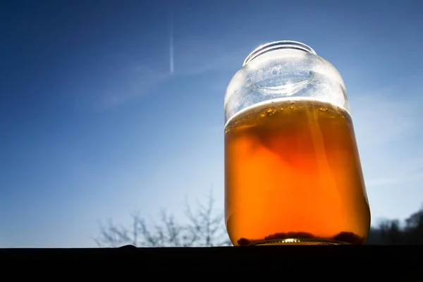 Kombucha Natural Fermented Tea Glass Jar Healthy Drink Asian Origin — Stock Photo, Image