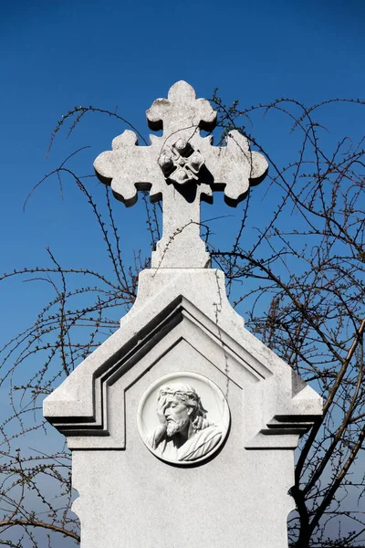 Hermosa Cabeza Jesucristo Lápida Con Corredores Del Árbol Fondo Cementerio —  Fotos de Stock