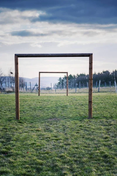 Two Wooden Soccer Goals Green Grass Field Healthy Active Lifestyle — Stock Photo, Image