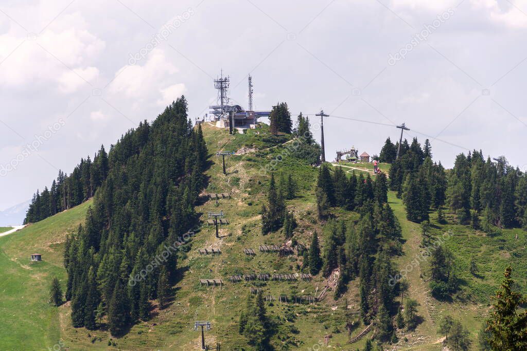 Cable car gondola on top of the Gernkogel Mountain from Sonntagskogel in Alps, Sankt Johann im Pongau district, Salzburg federal state, Austria, sunny summer day