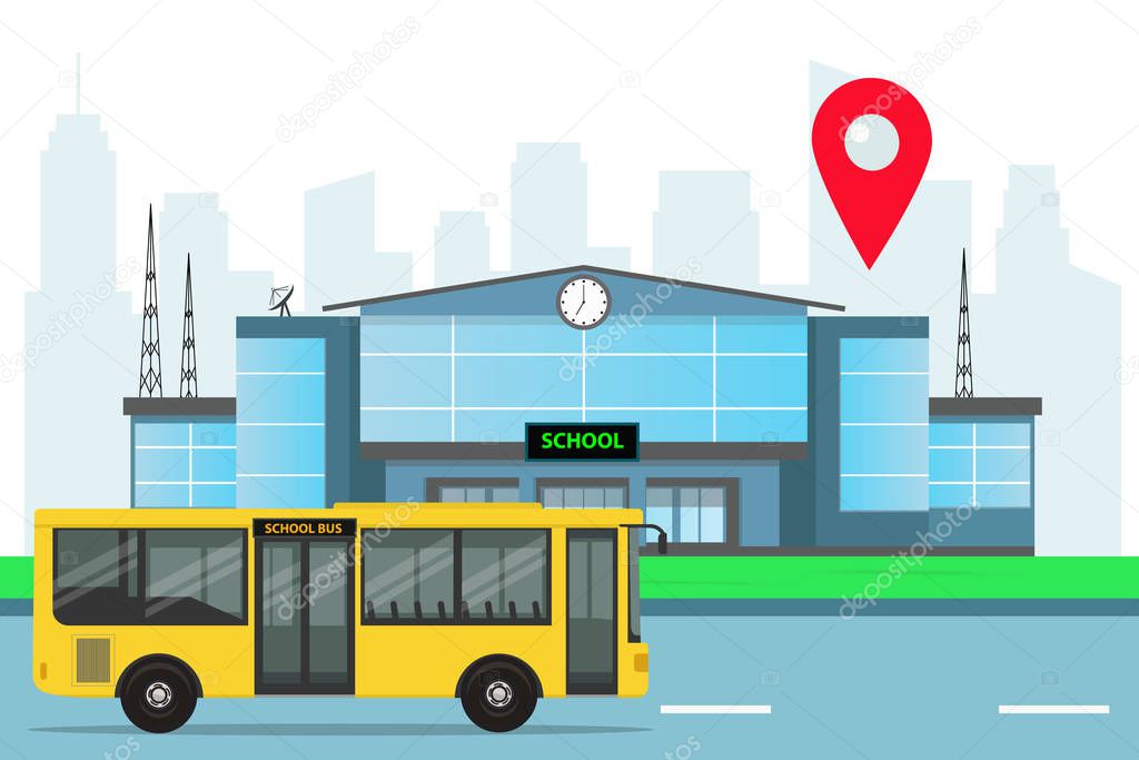 the concept of a school bus with a modern school building. vector illustration of design