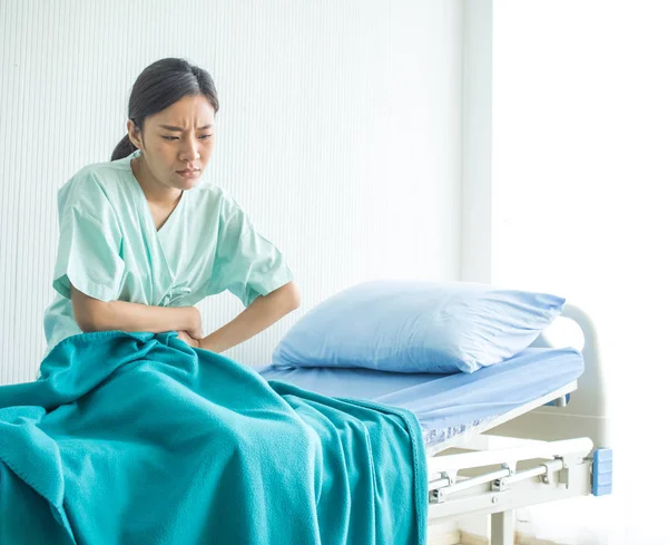 Hospital Sick Room Woman Sitting Bed Abdominal Pain Headache Fever — Stok fotoğraf