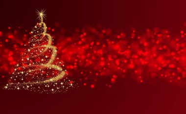Aralık ayının kış aylarında, kırmızı Bokeh nesnelerinin kırmızı arkaplan dokusunda bir yıldızın altın hediyesiyle mutlu Noel ağacı görüntüsü kutlanır. Kartpostallar için.