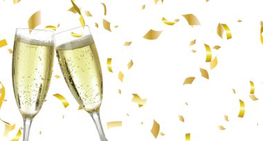 Arka planda izole edilmiş beyaz resim desenli fotokopi afişi. İki bardak dolusu altın sarısı şampanya. Mutlu noeller yılbaşı kutlamaları için.