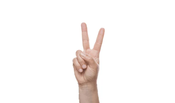 Weiß isoliert auf dem Hintergrund haben zwei Finger Arm Hand Körperteil fröhlich junge Mädchen oder Frau Symbol Kommunikation ist bedeuten Sieg positve Liebe und Frieden Zeichen zeigt Erfolg Konzept — Stockfoto