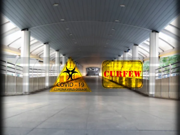 Capital city abstract quiet and no people have yellow sign COVID19 CORONA VIRUS DISEASE and CURFEW is campaign measures for government effect PANDEMIC OUTBREAK ALERT DANGER wuhan china