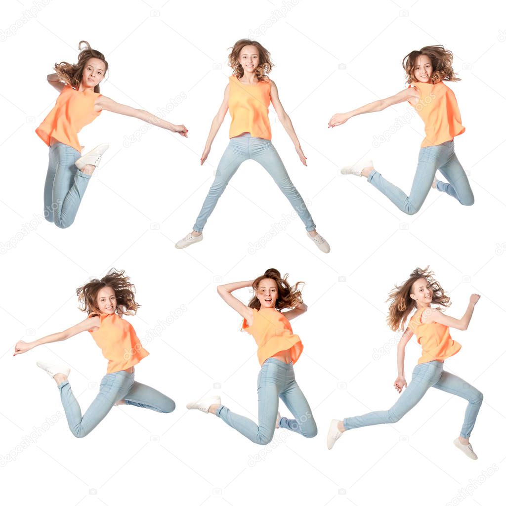 Set of photos of a girl in a jump isolated on white background.