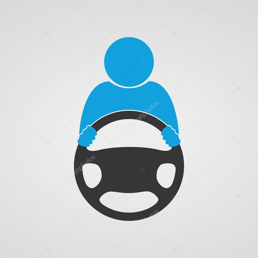 Schematic drawing of the driver behind the wheel. Simple steering wheel icon. Vector illustration.