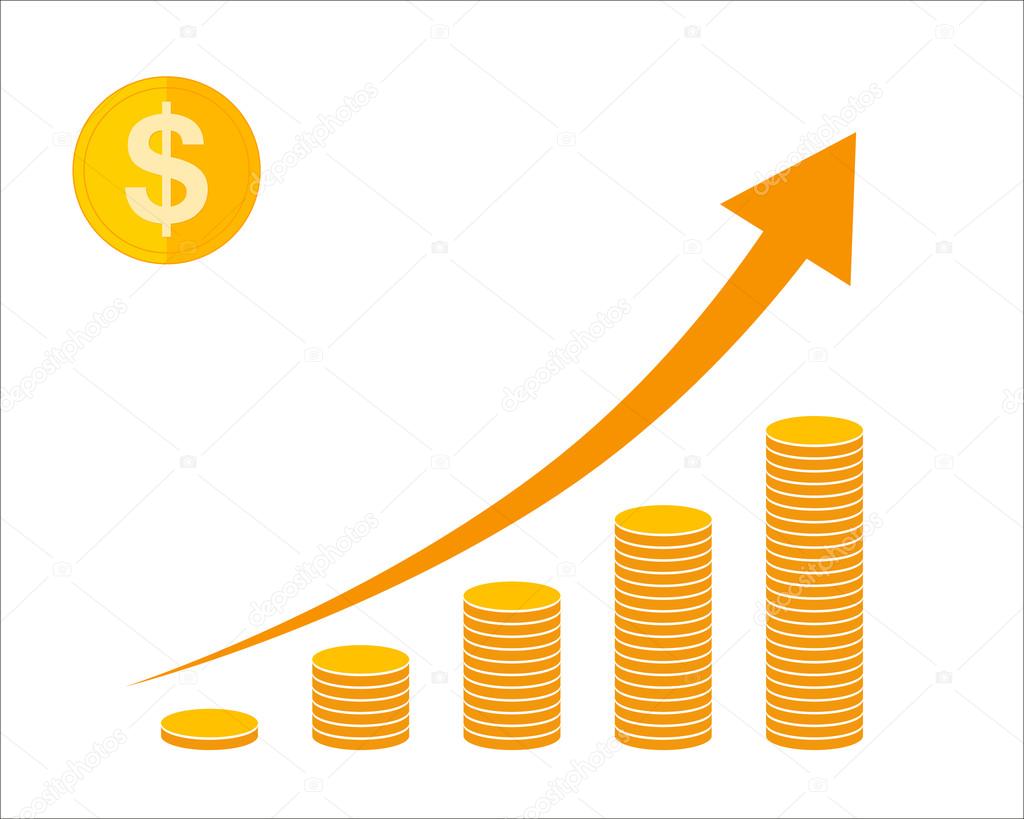 Concept of income with coins and arrow up. Vector illustration.