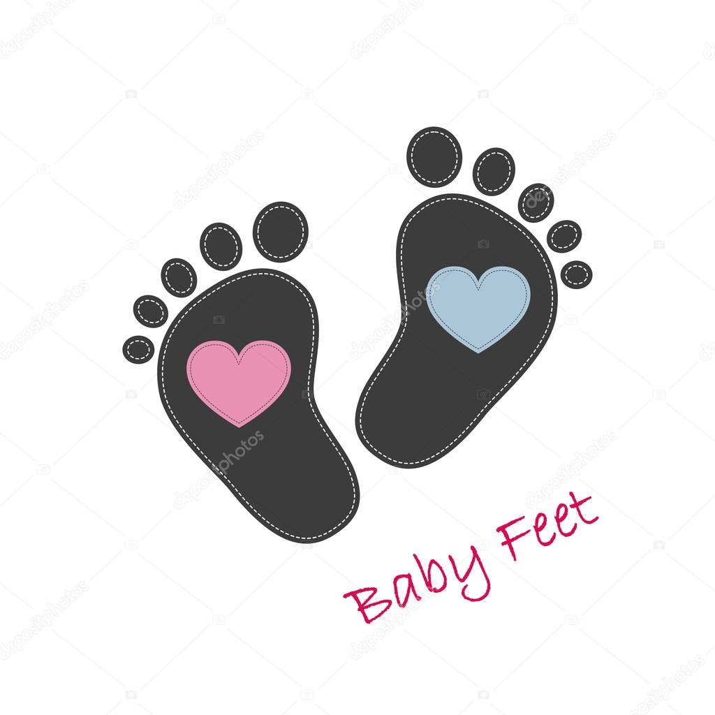 Baby footprints with pink and blue hearts in the center. Baby footprints as a symbol of pregnancy or childbirth. Vector illustration.