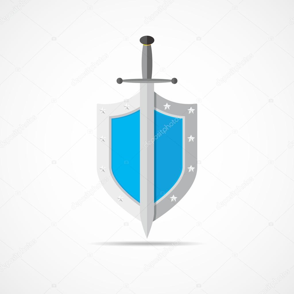 Shield and sword in flat design. Blue shield and sword icon isolated. Vector illustration.