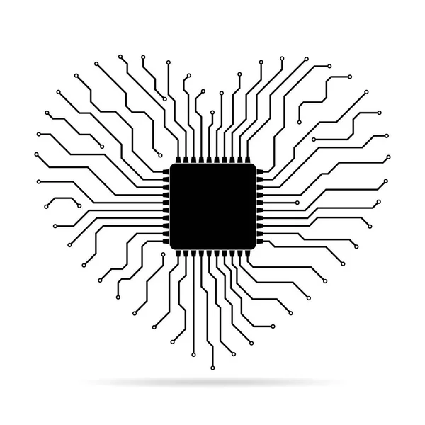 Circuito elettronico con chip a forma di cuore. Illustrazione vettoriale . — Vettoriale Stock