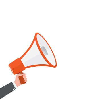 Kırmızı elinde megafon. Vektör çizim.
