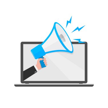 Dizüstü hoparlör veya megafon ile. Vektör çizim.