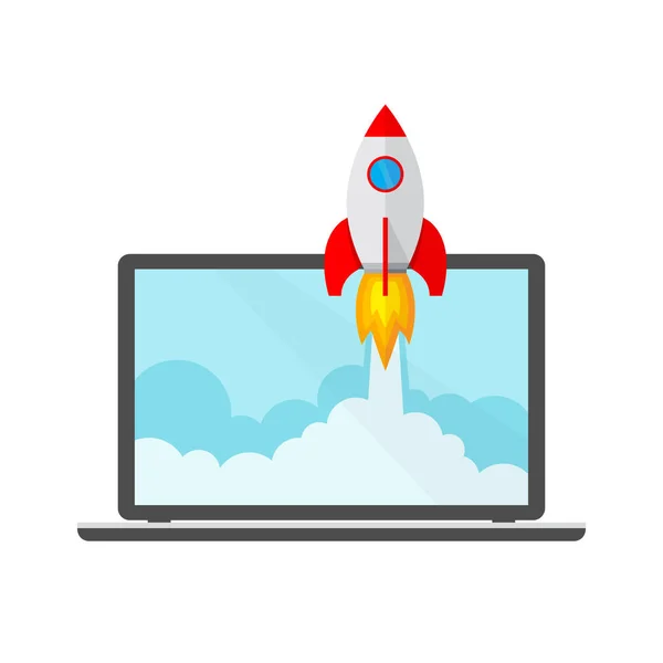 The spacecraft and laptop - concept of business start-up. Vector Illustration. — Stock Vector