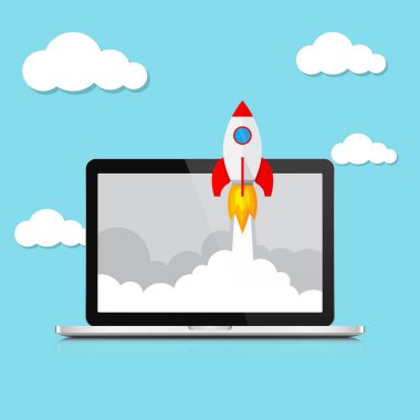 Uzay aracı ve laptop - iş start-up kavramı. Vektör çizim.