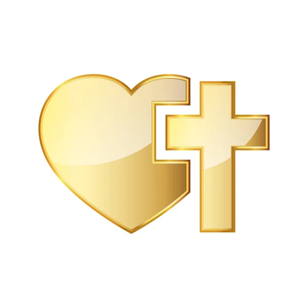 Cruz cristã dourada e silhueta de coração. Ilustração vetorial — Vetor de Stock