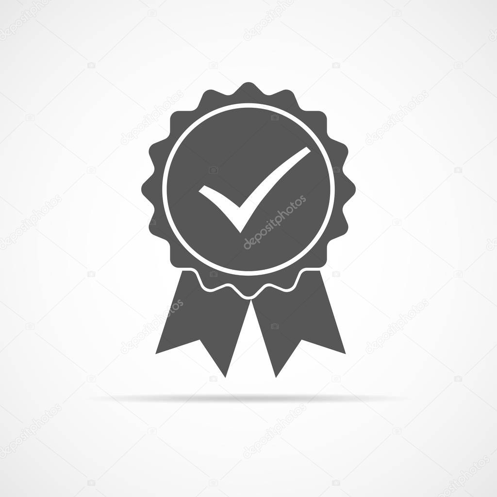Gray medal icon with ribbons and check mark. Vector illustration.
