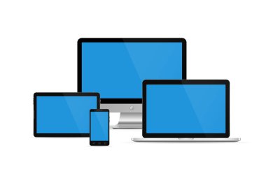 Monitör, tablet pc, akıllı telefon ve dizüstü bilgisayar kümesi. Vektör çizim.
