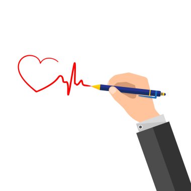 Bir adam bir kalp şeklinde bir imza atıyor. Vektör çizim.