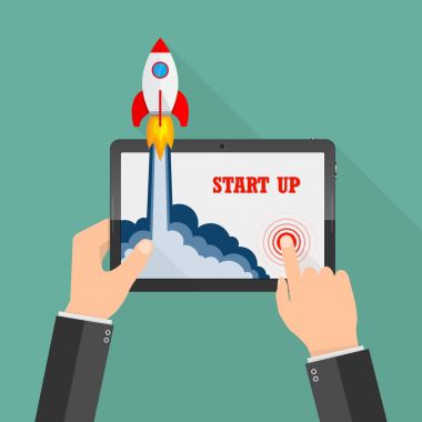 Uzay aracı tablet ekran dışında çöker. Vektör çizim. İş start-up kavramı.