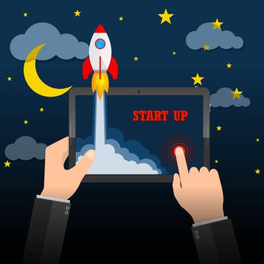 Uzay aracı tablet ekran dışında çöker. Vektör çizim. İş start-up kavramı.